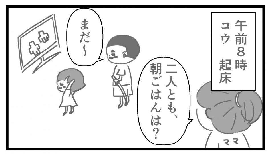 朝8時、コウ起床